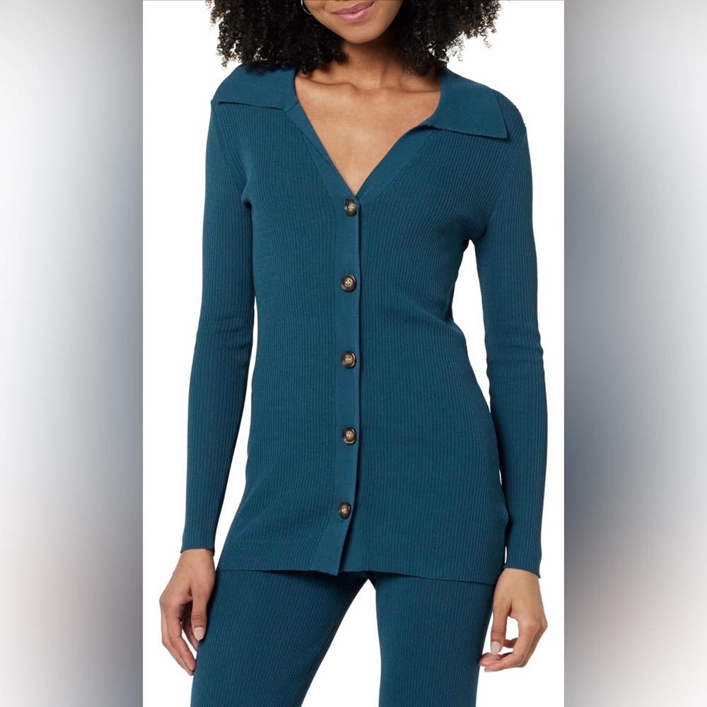 Teal Button-Up Ribbed Women Top